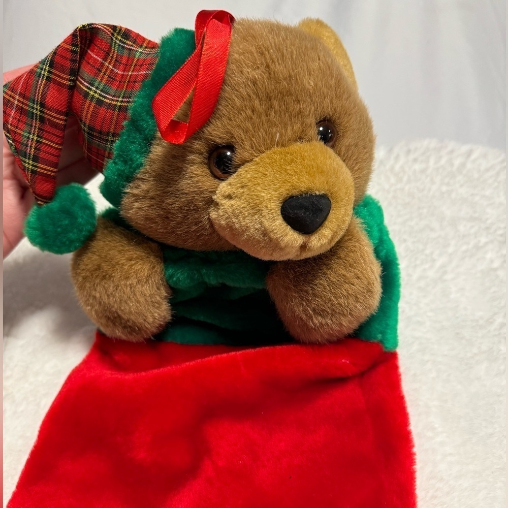 Vintage Christmas Stocking Teddy Bear Santa Hat 80’s 90s Cute Grannycore Classic